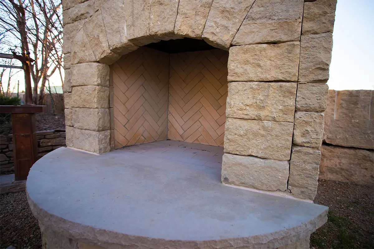 A stone fireplace hearth