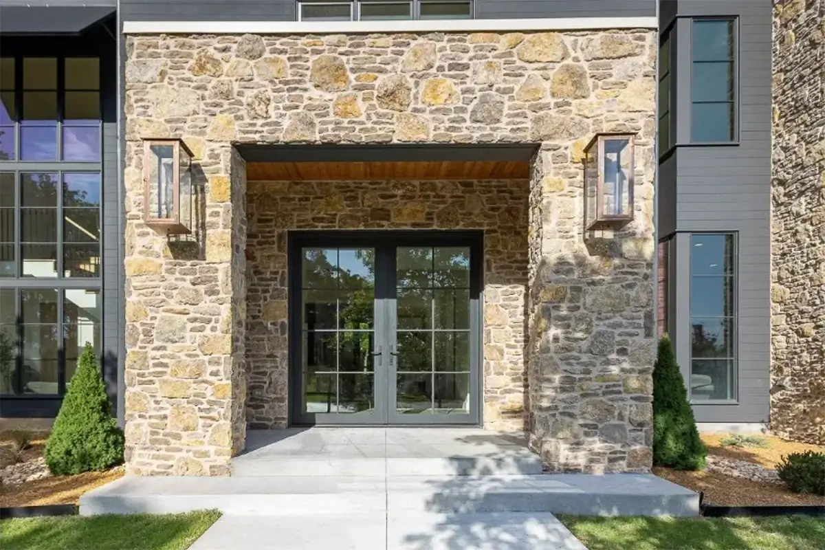 An office building entrance designed with OKC stone veneer